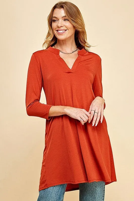 Woman Solid 3/4 Sleeve Mock V-Neck Tunic Dress - Full