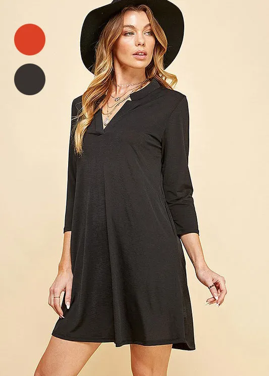 Woman Solid 3/4 Sleeve Mock V-Neck Tunic Dress - Full