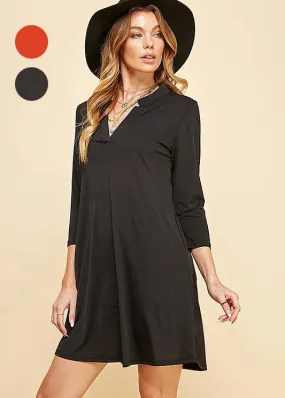 Woman Solid 3/4 Sleeve Mock V-Neck Tunic Dress - Full