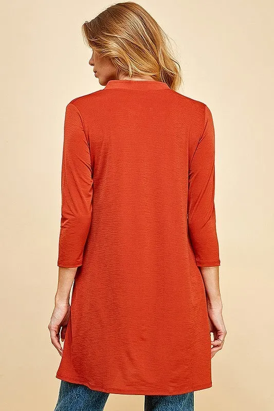 Woman Solid 3/4 Sleeve Mock V-Neck Tunic Dress - Full