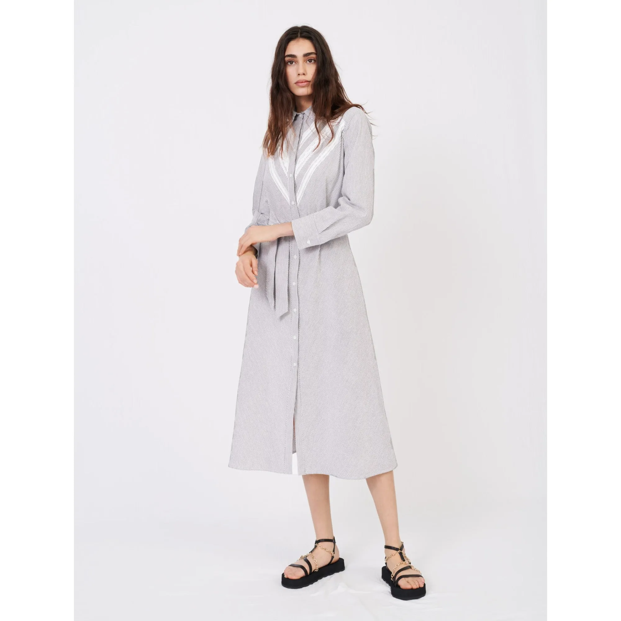 Women Striped And Lace Shirt Dress - Navy / Ecru