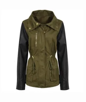 Women's Army Green Cotton Jacket With Leather Sleeves