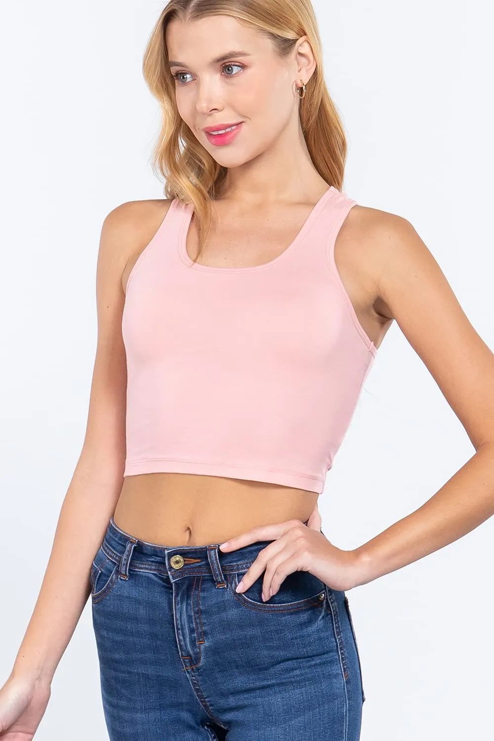 Womens-Basic Cropped Scoop Neck Tank Top