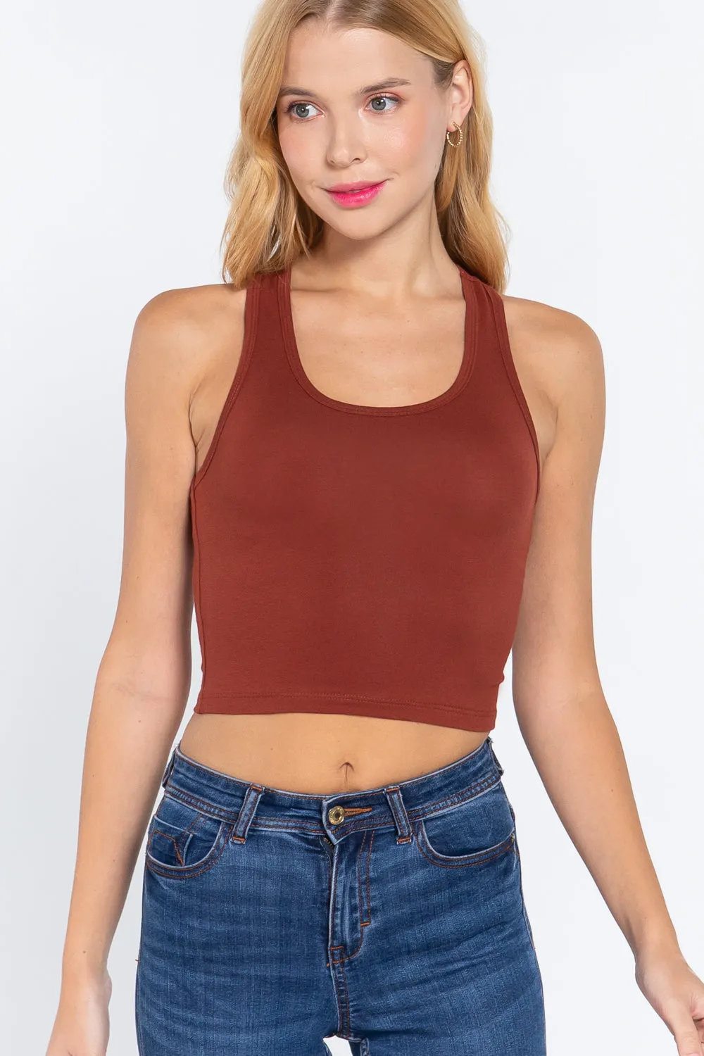 Womens-Basic Cropped Scoop Neck Tank Top