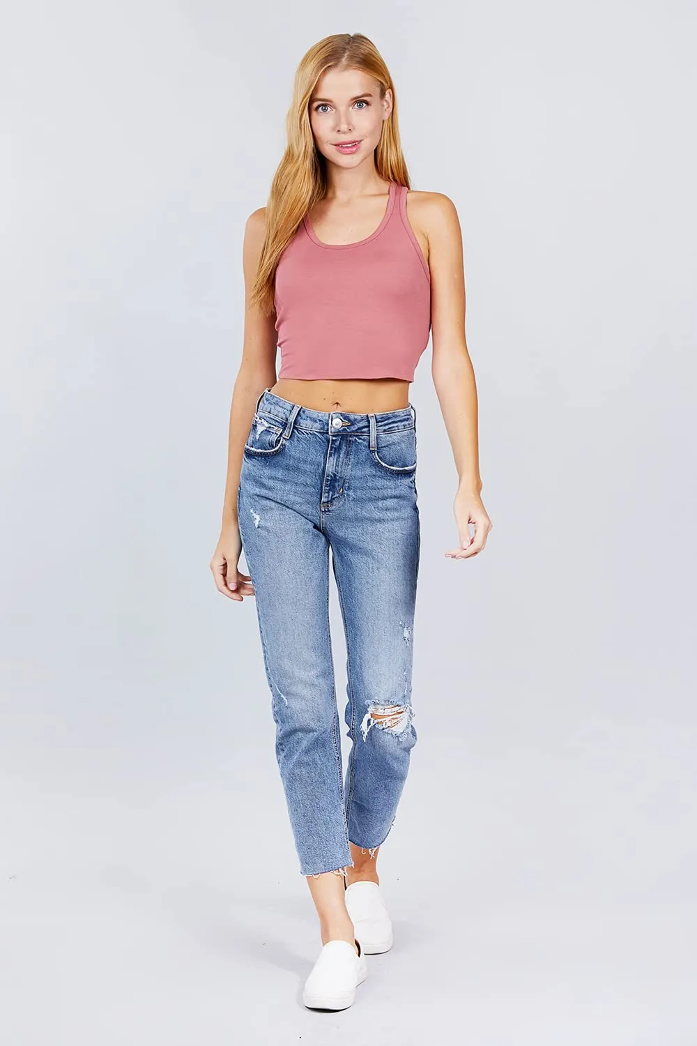 Womens-Basic Cropped Scoop Neck Tank Top