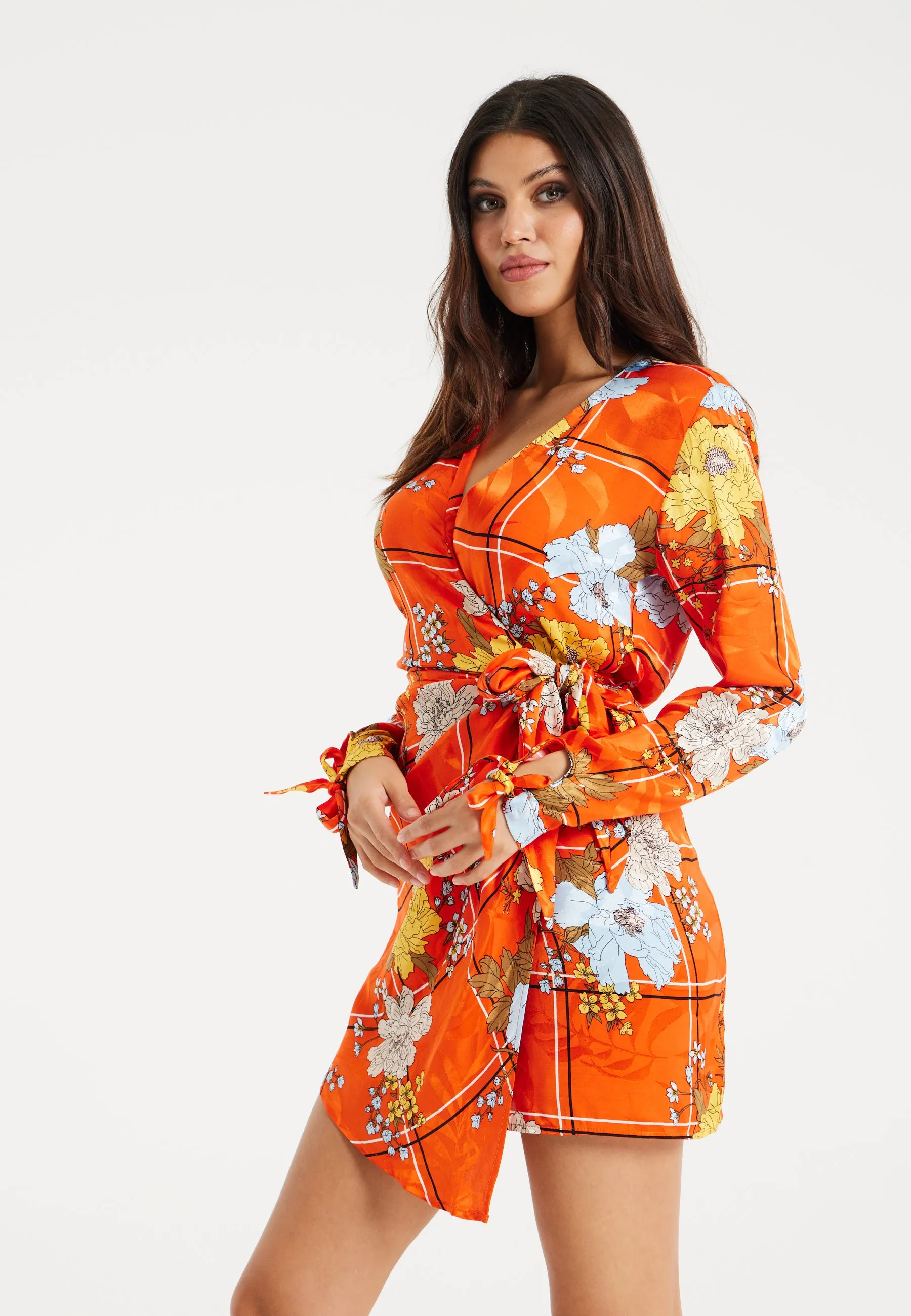 Women's Mini Dress in Checked Floral Print with Long Sleeves and Wrap Style – Stylish Elegance by Liquorish