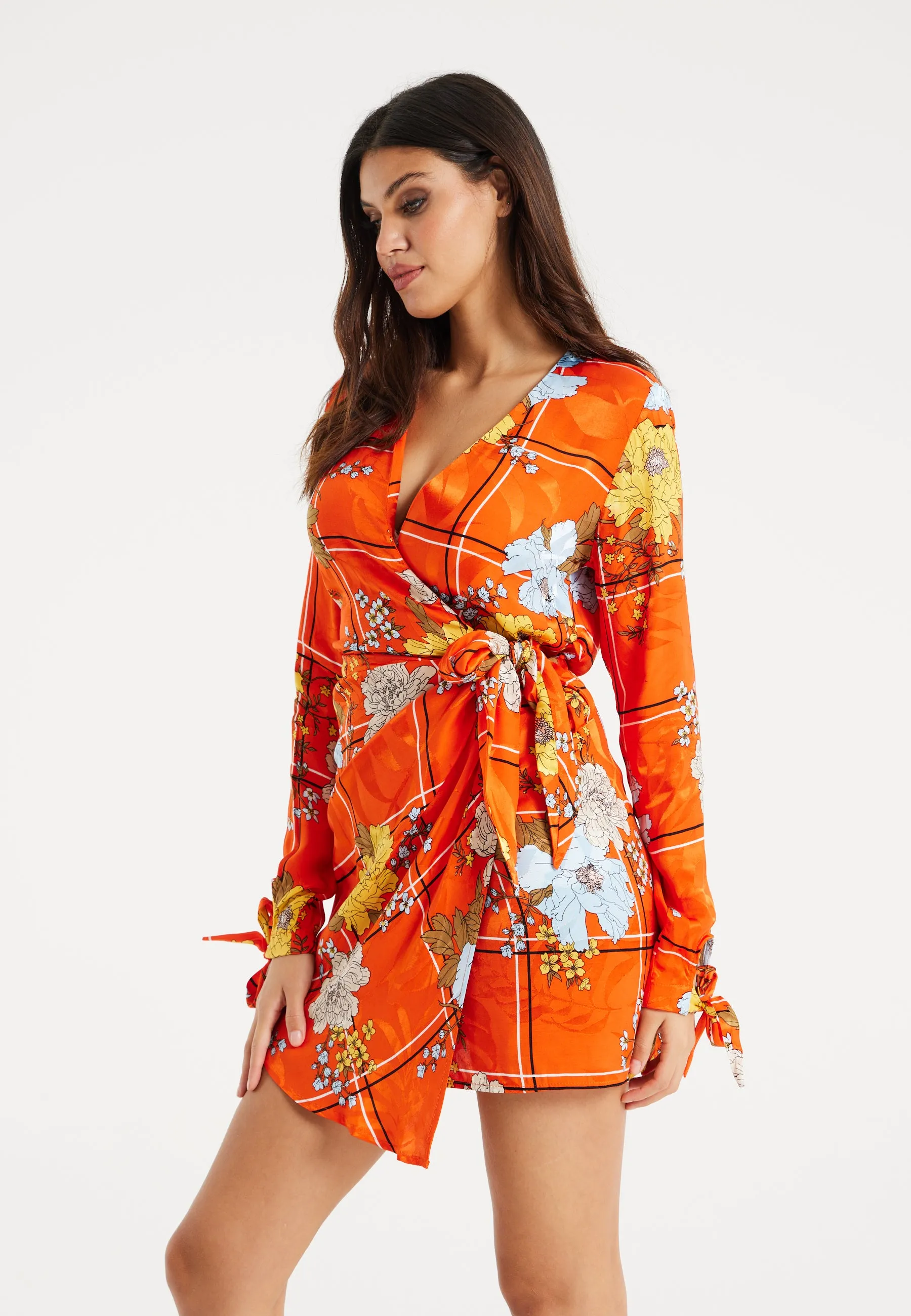 Women's Mini Dress in Checked Floral Print with Long Sleeves and Wrap Style – Stylish Elegance by Liquorish