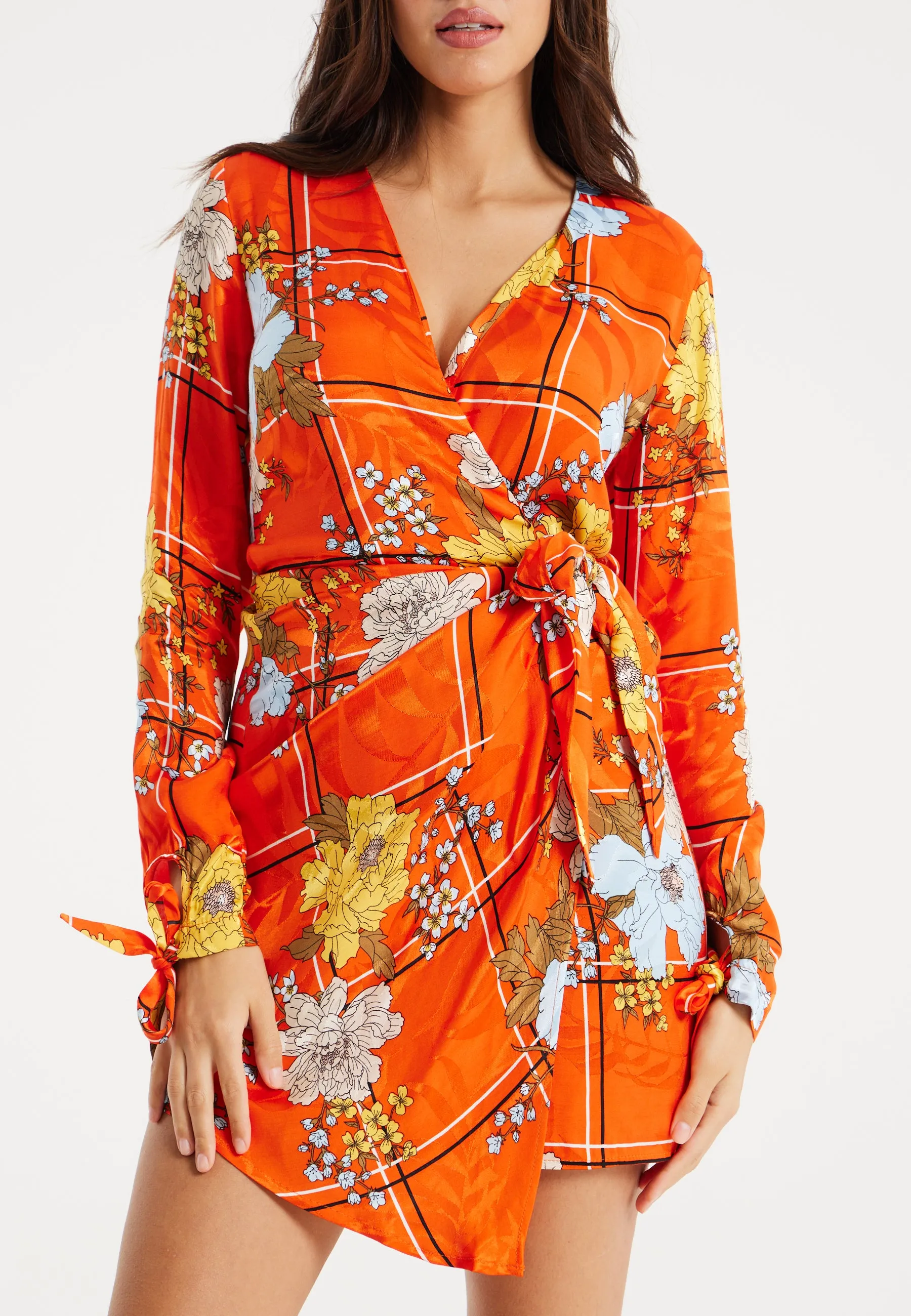 Women's Mini Dress in Checked Floral Print with Long Sleeves and Wrap Style – Stylish Elegance by Liquorish