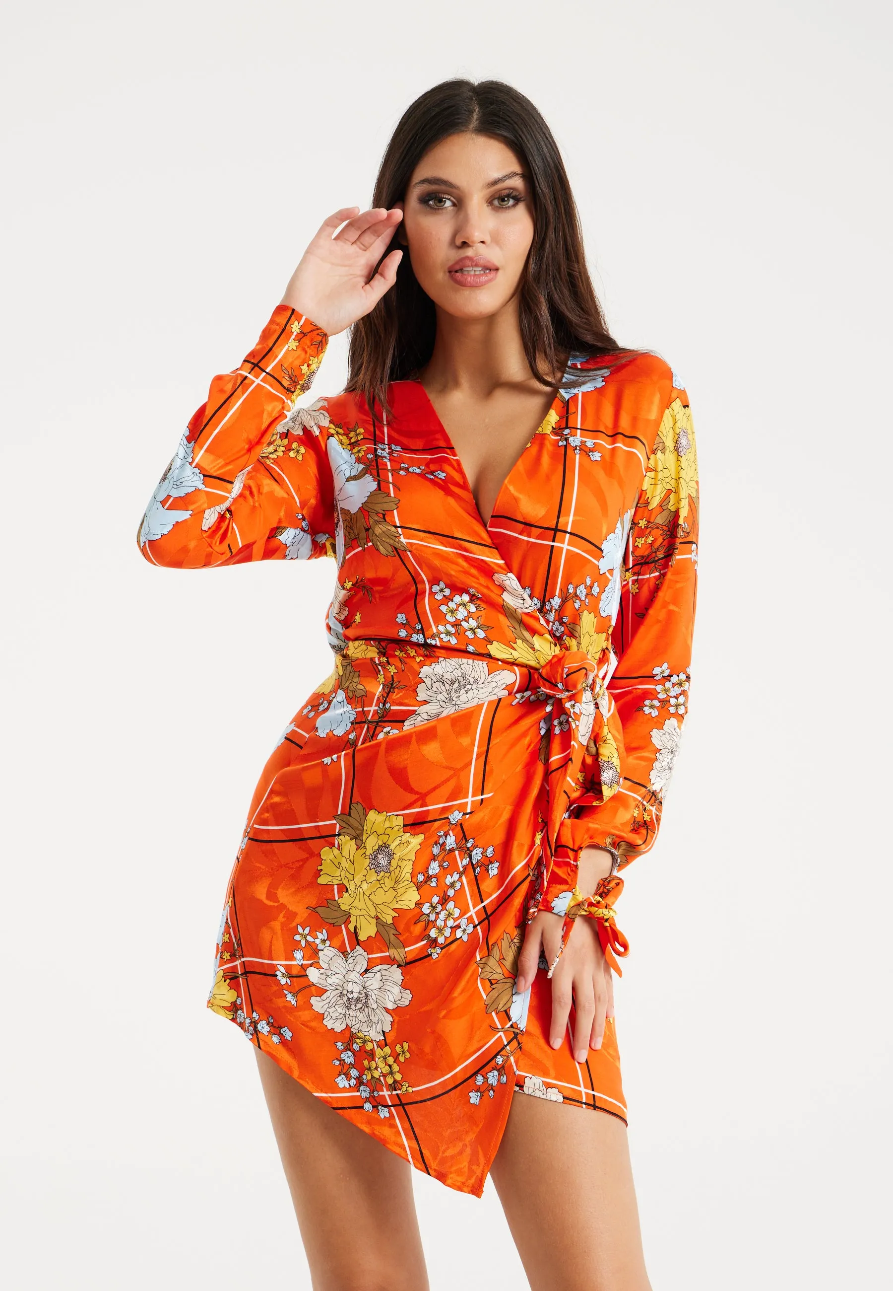 Women's Mini Dress in Checked Floral Print with Long Sleeves and Wrap Style – Stylish Elegance by Liquorish