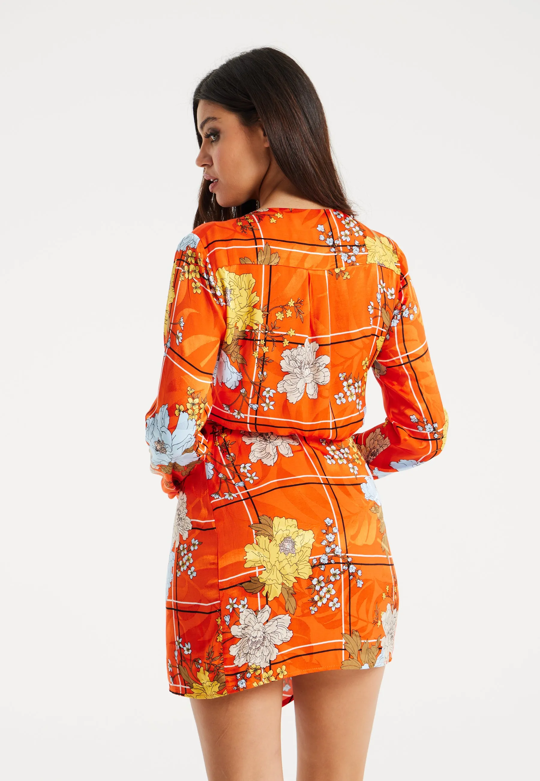 Women's Mini Dress in Checked Floral Print with Long Sleeves and Wrap Style – Stylish Elegance by Liquorish