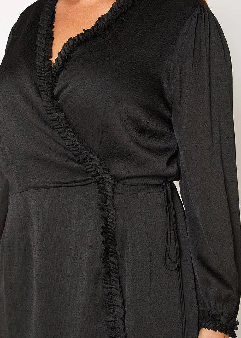 Women's Plus Size Ruffle Trim Long Sleeve Wrap Dress in Black