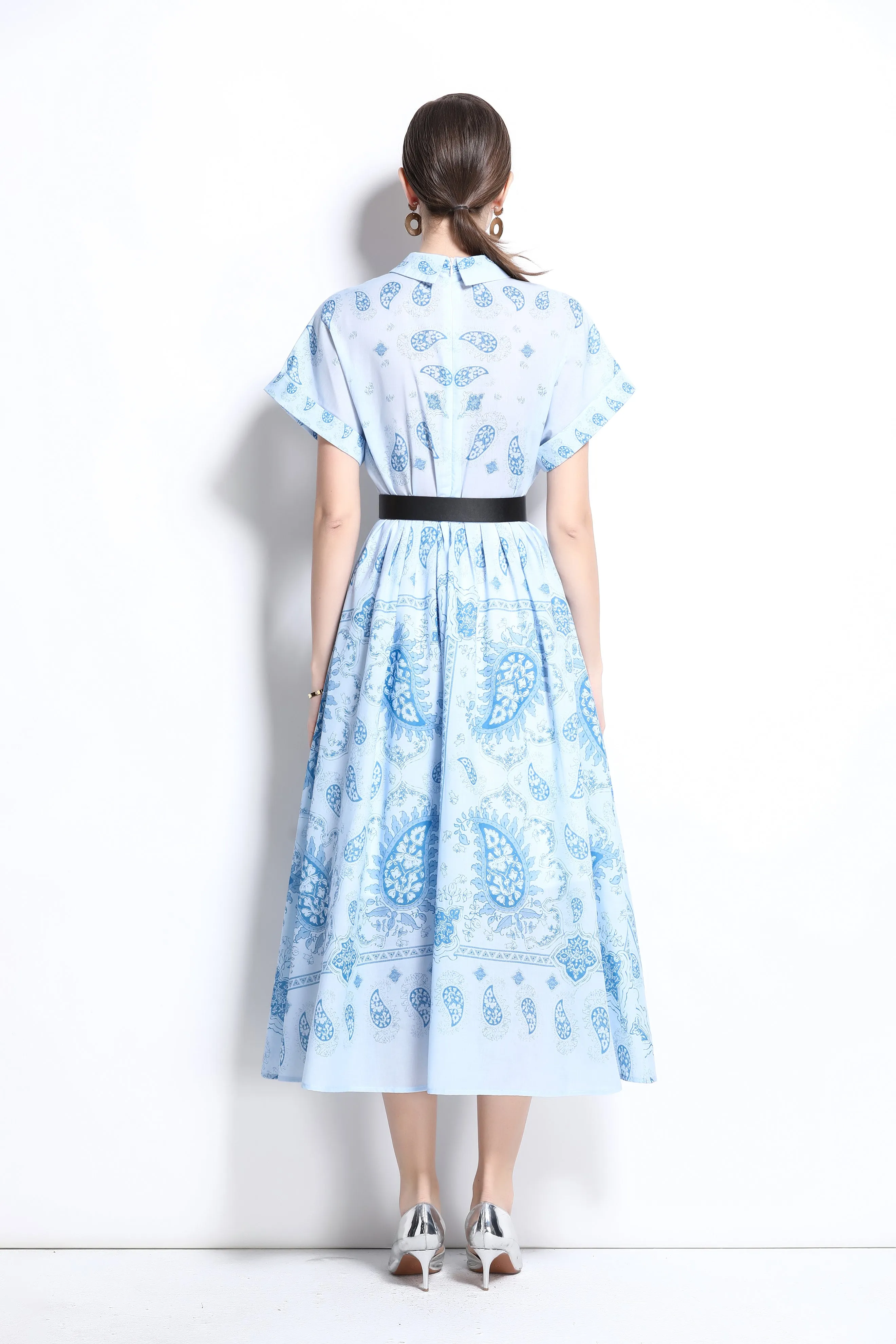 Women's Printed Collar Neck Short Sleeve MIDI Dress
