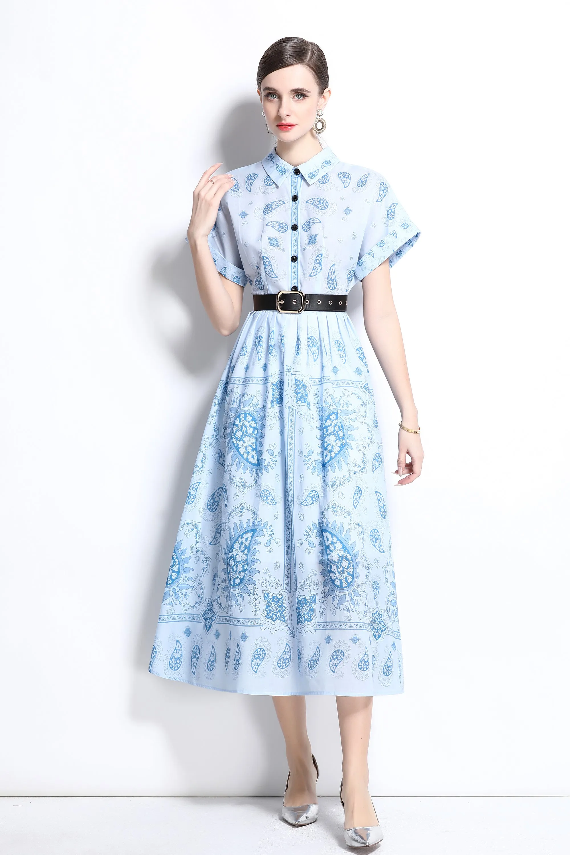 Women's Printed Collar Neck Short Sleeve MIDI Dress