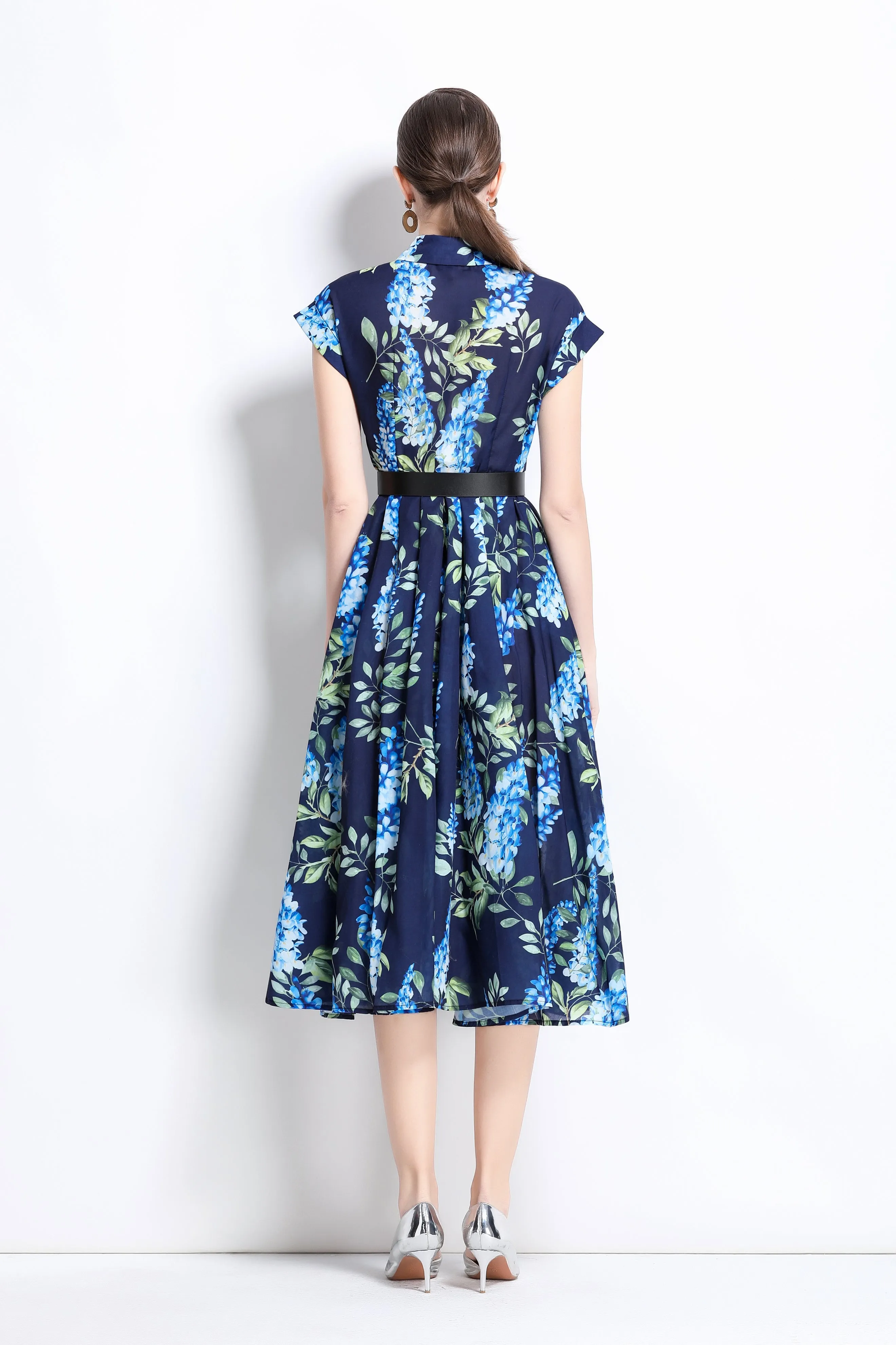 Women's Printed Collar Neck Short Sleeve MIDI Dress