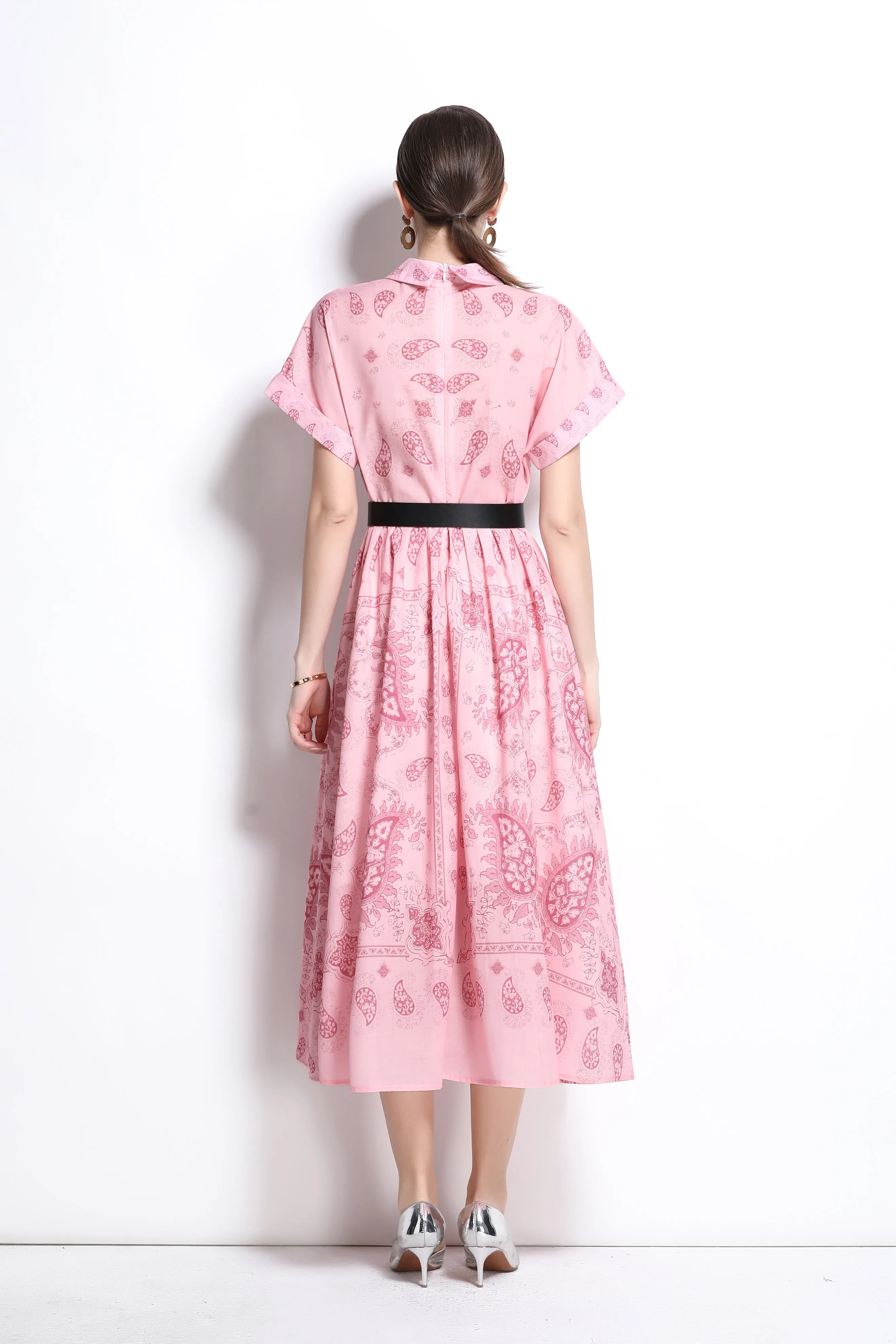 Women's Printed Collar Neck Short Sleeve MIDI Dress