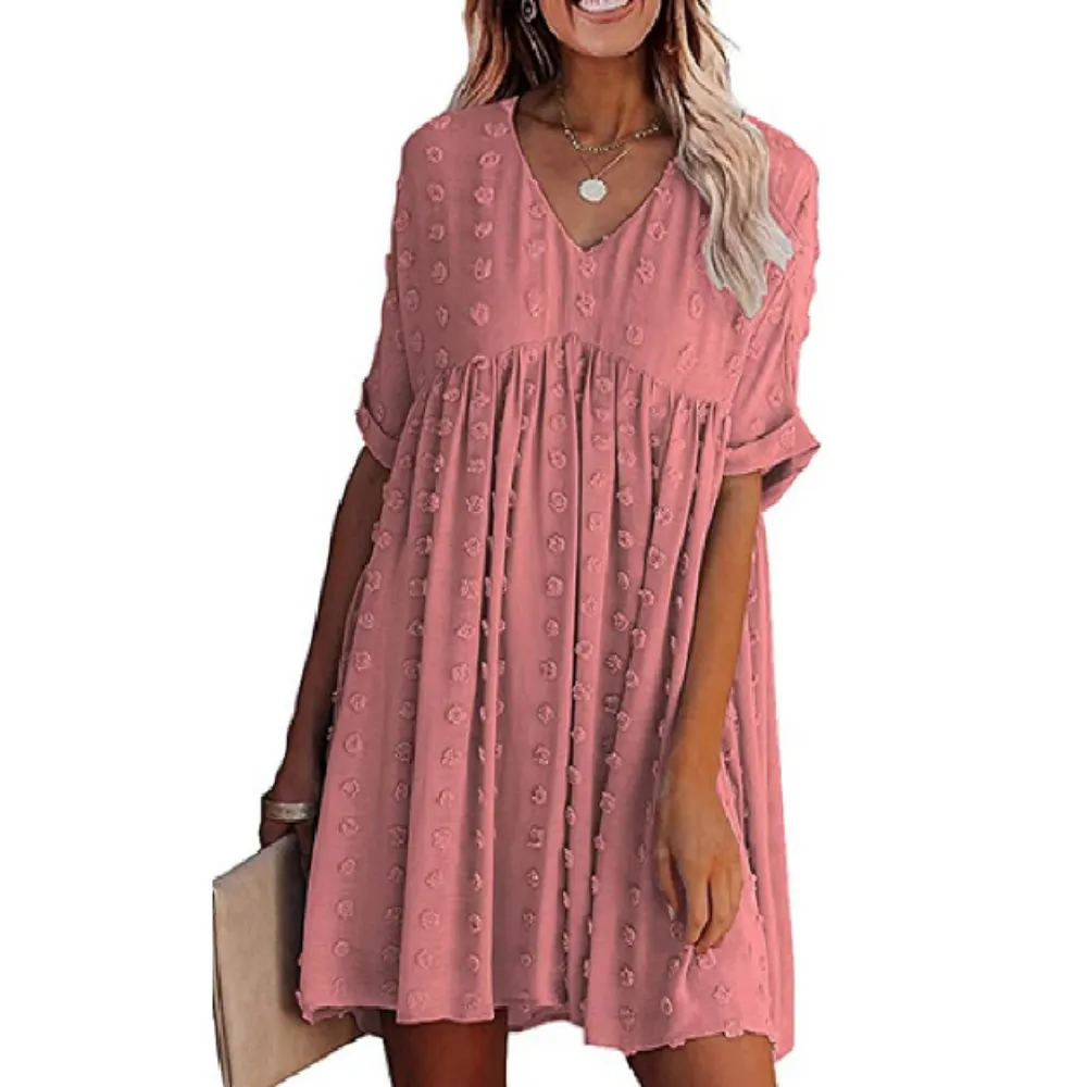 Womens V Neck Short Sleeves Flowy Dress