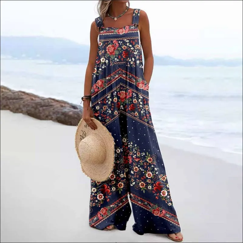 Women's Vintage Print Square Neck Sleeveless Wide Leg Jumpsuit