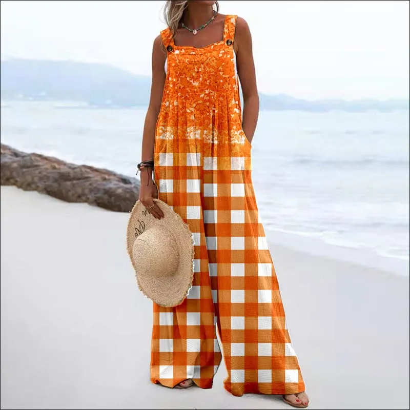 Women's Vintage Print Square Neck Sleeveless Wide Leg Jumpsuit