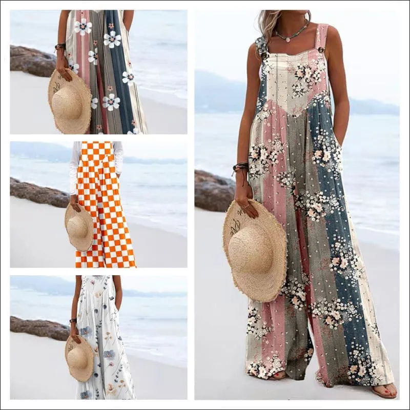 Women's Vintage Print Square Neck Sleeveless Wide Leg Jumpsuit