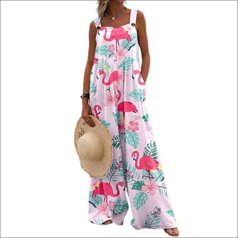 Women's Vintage Print Square Neck Sleeveless Wide Leg Jumpsuit