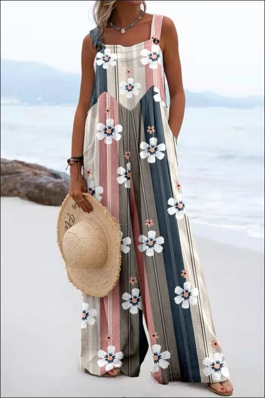 Women's Vintage Print Square Neck Sleeveless Wide Leg Jumpsuit