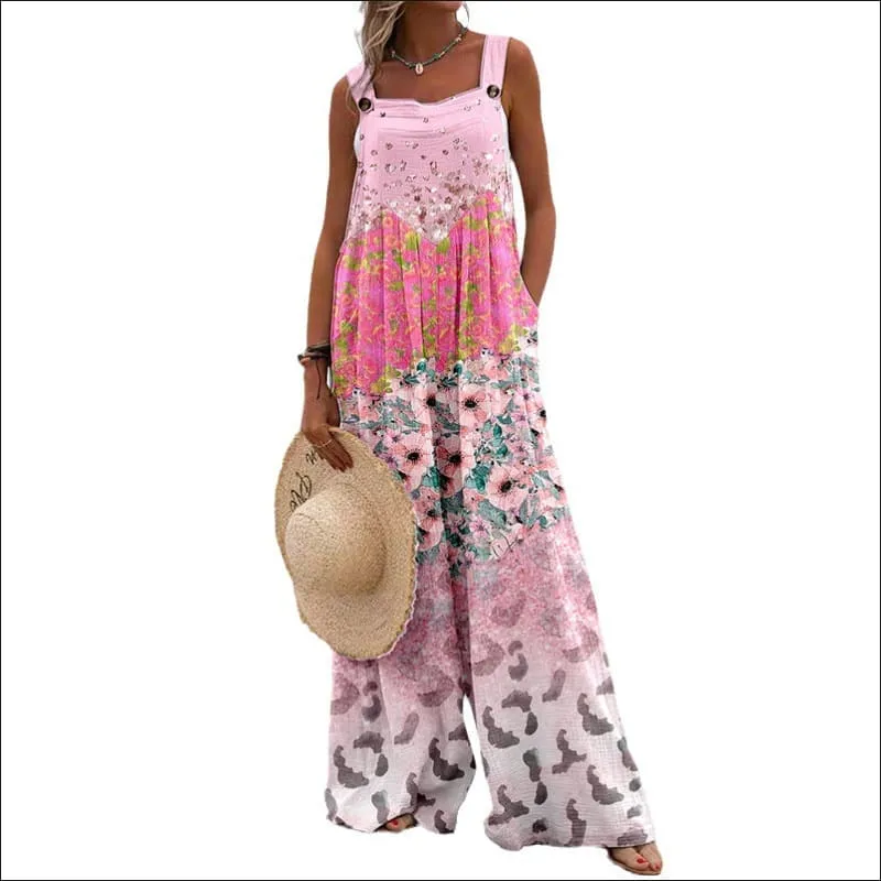 Women's Vintage Print Square Neck Sleeveless Wide Leg Jumpsuit