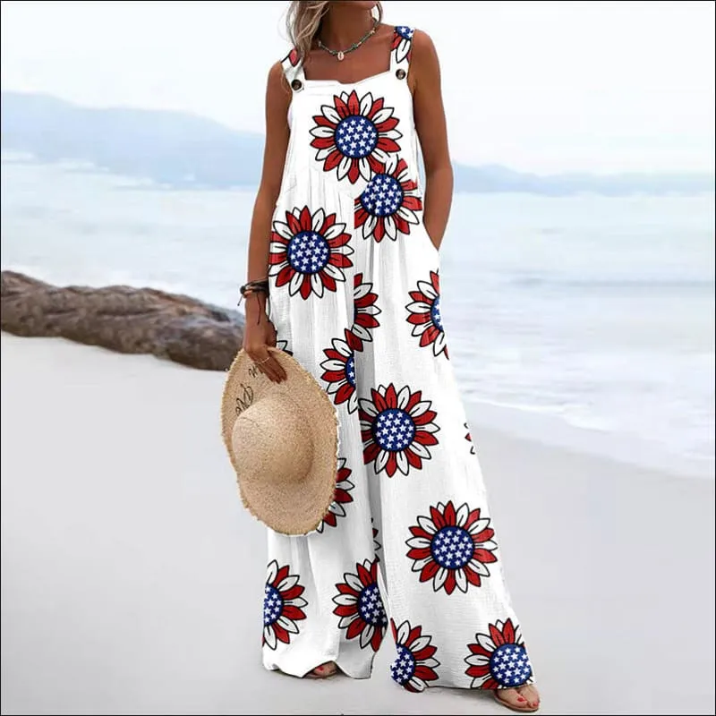 Women's Vintage Print Square Neck Sleeveless Wide Leg Jumpsuit