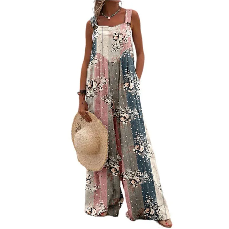 Women's Vintage Print Square Neck Sleeveless Wide Leg Jumpsuit