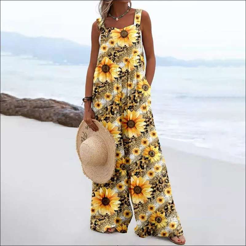 Women's Vintage Print Square Neck Sleeveless Wide Leg Jumpsuit