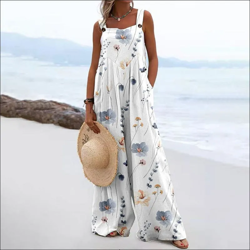 Women's Vintage Print Square Neck Sleeveless Wide Leg Jumpsuit