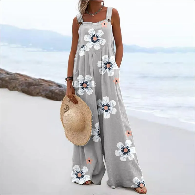 Women's Vintage Print Square Neck Sleeveless Wide Leg Jumpsuit