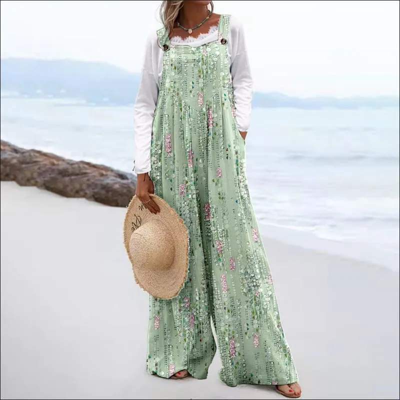 Women's Vintage Print Square Neck Sleeveless Wide Leg Jumpsuit