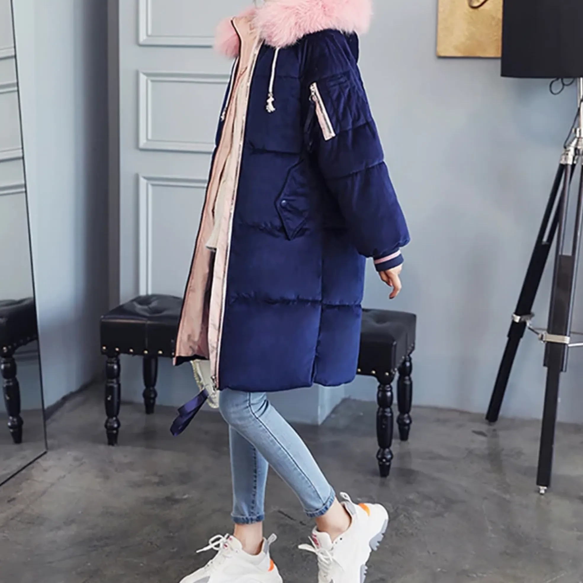 Women's Winter Casual Slim Velvet Long Parka With Fur