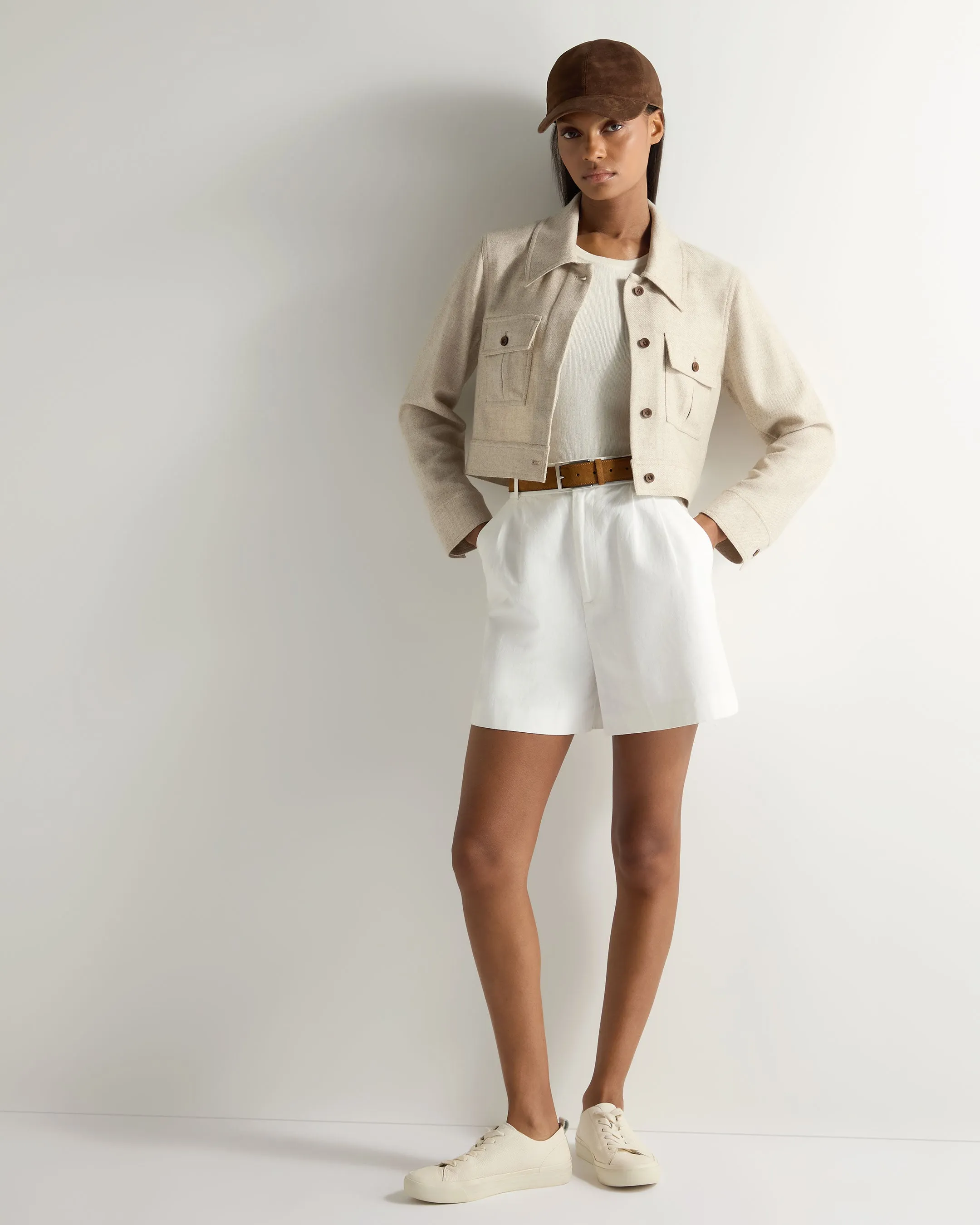 Women's Woven Cashmere Cropped Jacket Beige Brown
