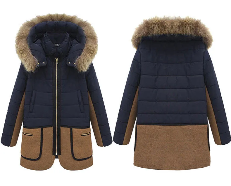 Wool Collar Fashion Mid-length Patchwork Cotton Coat
