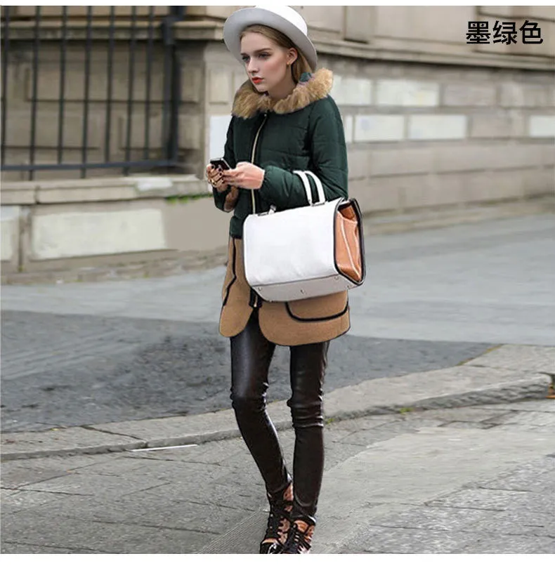 Wool Collar Fashion Mid-length Patchwork Cotton Coat