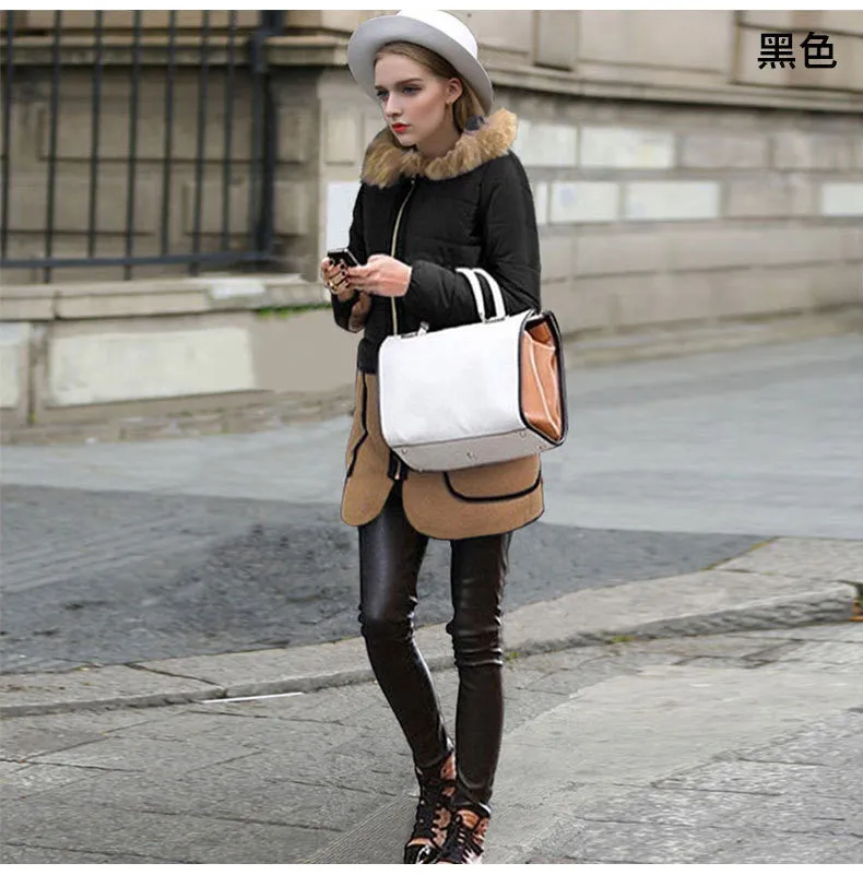 Wool Collar Fashion Mid-length Patchwork Cotton Coat
