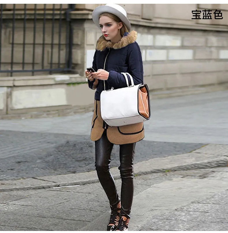 Wool Collar Fashion Mid-length Patchwork Cotton Coat