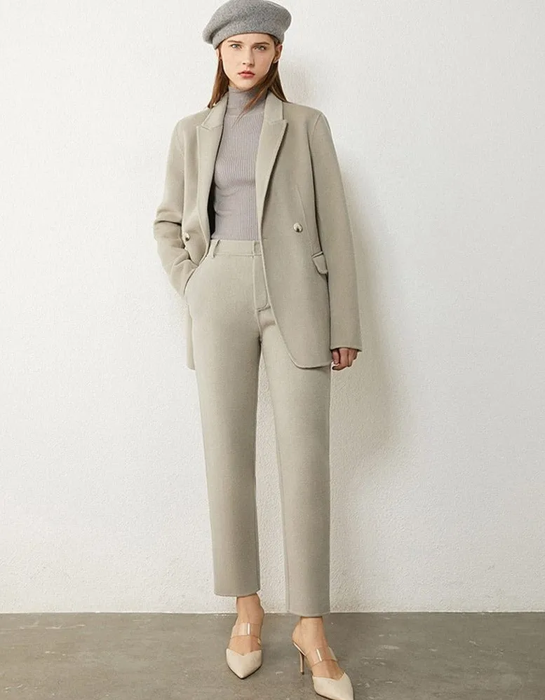 Wool Solid Belt Blazer Coat & High Waist Solid Pants
