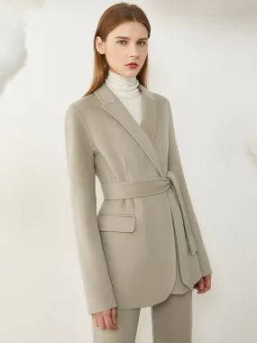 Wool Solid Belt Blazer Coat & High Waist Solid Pants