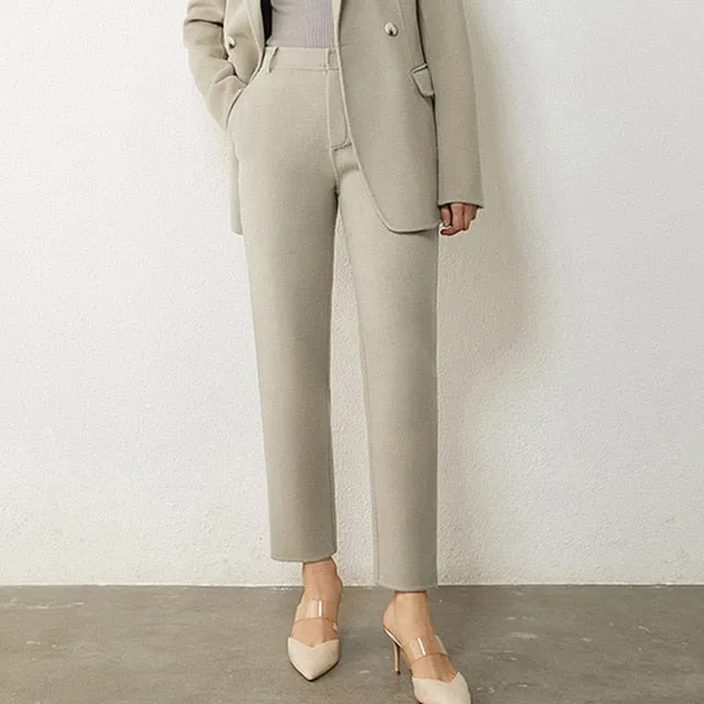 Wool Solid Belt Blazer Coat & High Waist Solid Pants