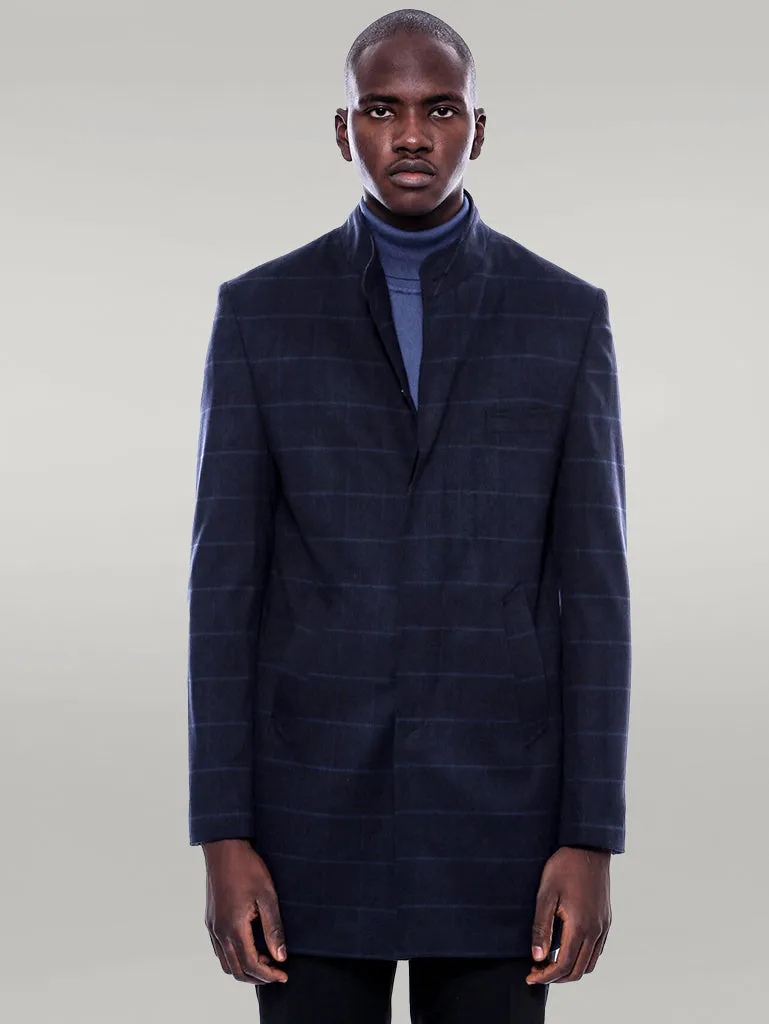 WSS Mandarin Collar Navy Checked Coat  - Singen