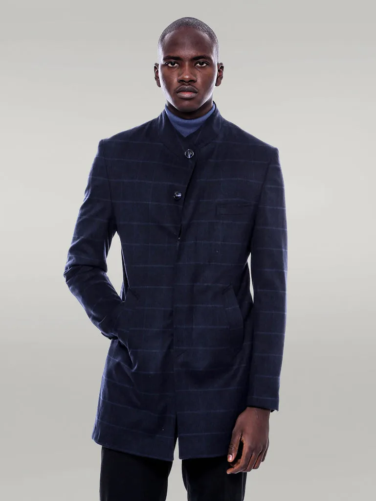 WSS Mandarin Collar Navy Checked Coat  - Singen
