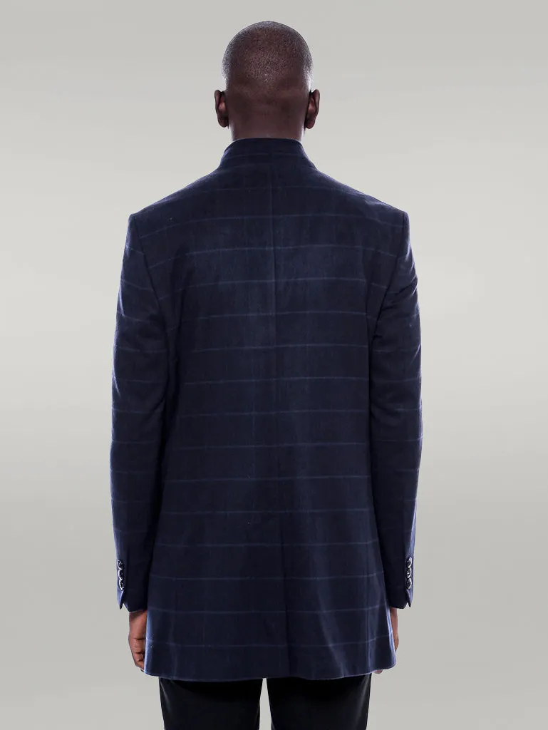 WSS Mandarin Collar Navy Checked Coat  - Singen