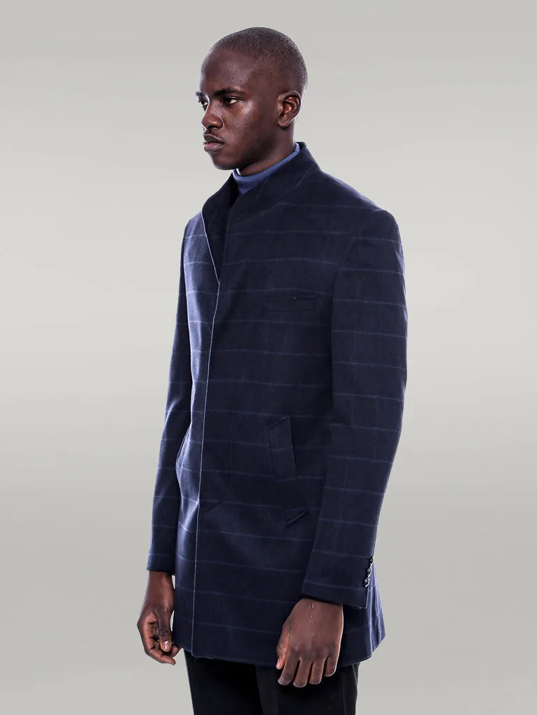WSS Mandarin Collar Navy Checked Coat  - Singen