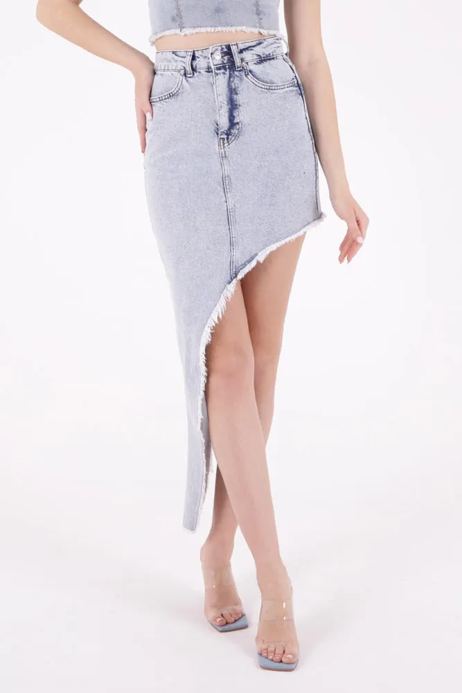 XLJ Diagonal Cut Denim Skirt with Fringe Finish Mixed - Livorno