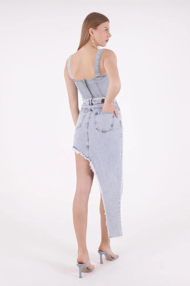 XLJ Diagonal Cut Denim Skirt with Fringe Finish Mixed - Livorno